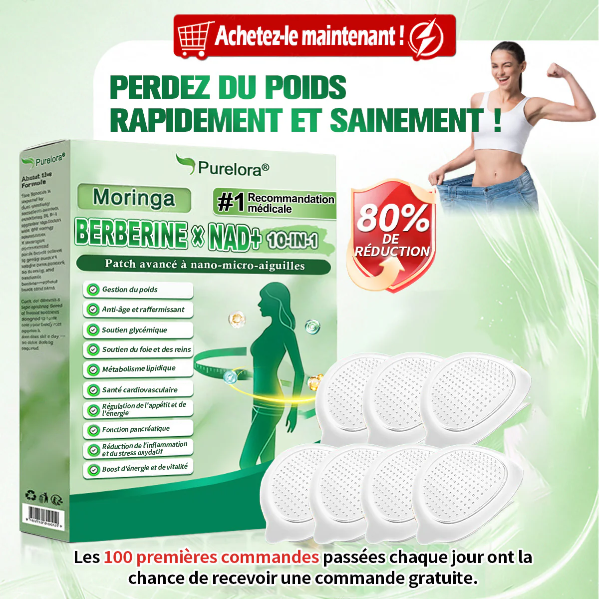 🔥 Nouveauté 2026丨 Purelora® Moringa Berbérine x NAD+ Patch Nano-Microneedle 10-en-1 Une application par jour, changements visibles dès 7 jours. Pour accompagner la gestion du poids et le bien-être global.
